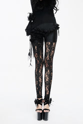 Leggings gothiques pour femmes en tissu de base tricoté noir avec motif de rose, matière en filet asymétrique en dentelle transparente